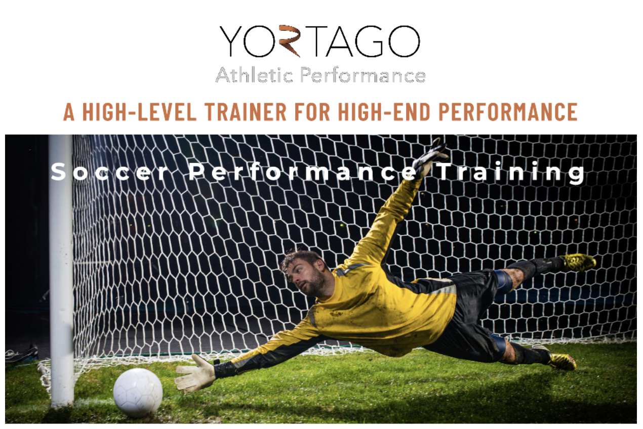 A goalie blocking a shot on goal promoting soccer performance training by Yortago, a high-level trainer for high-end performance